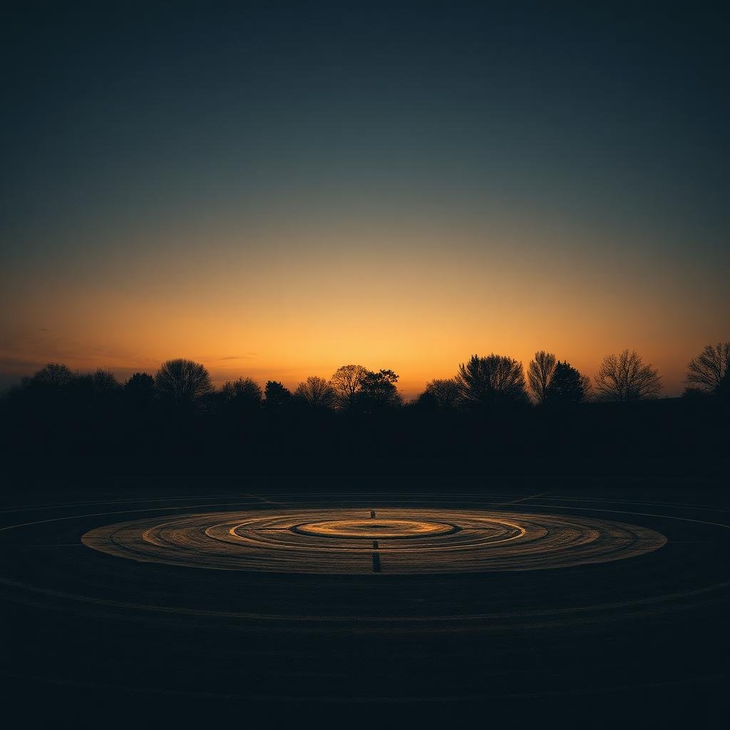 Throwing circle on an athletics field at dusk