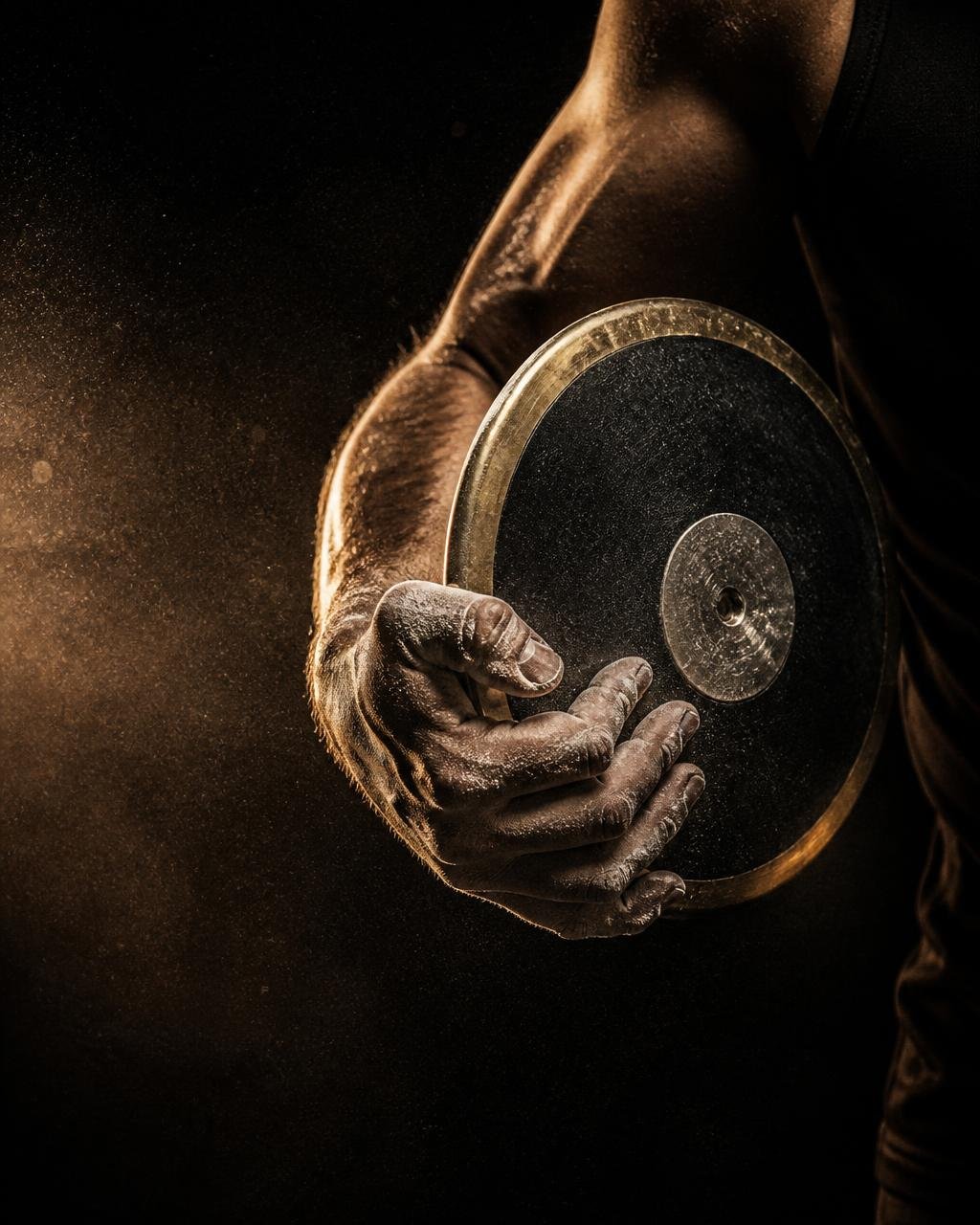 Athlete gripping a discus in dark gold-lit studio light