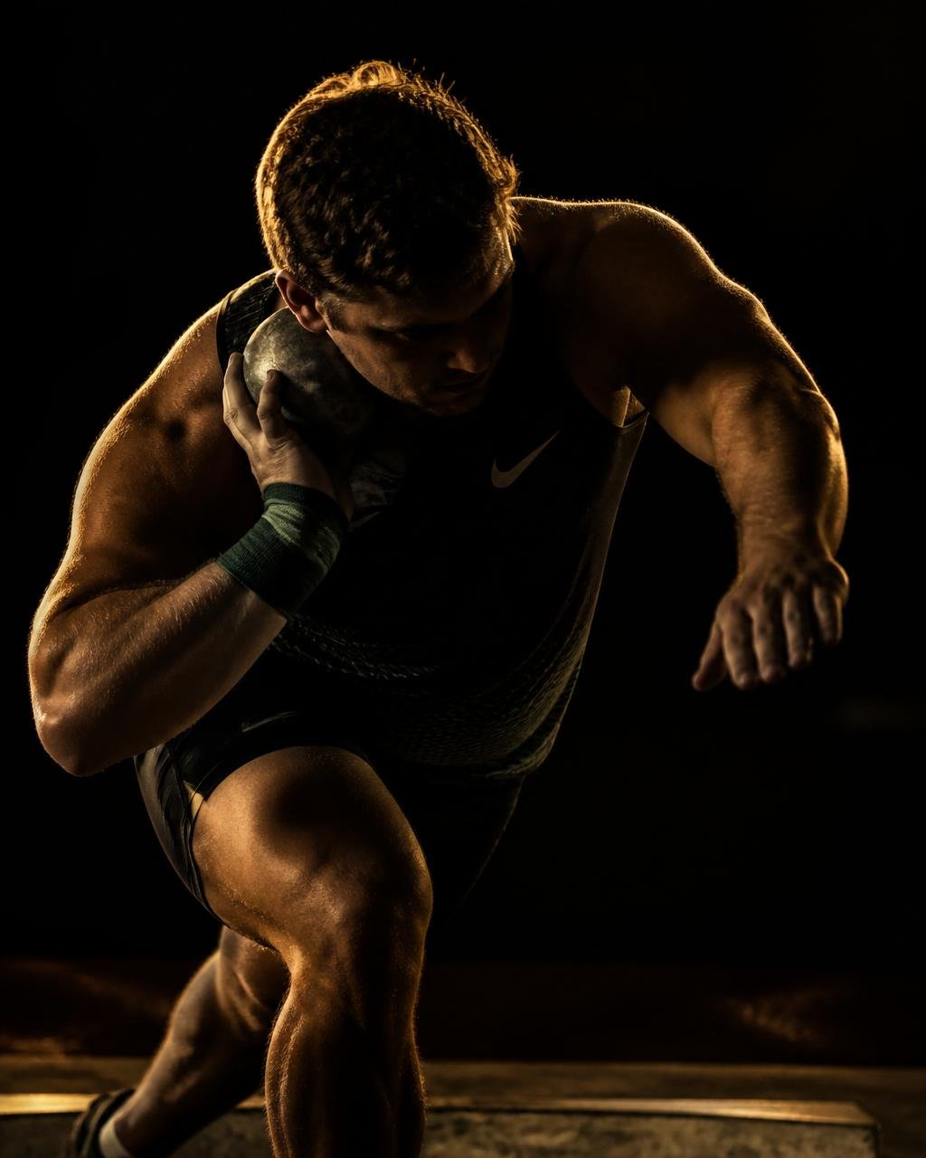 Shot put athlete in glide position under gold rim light